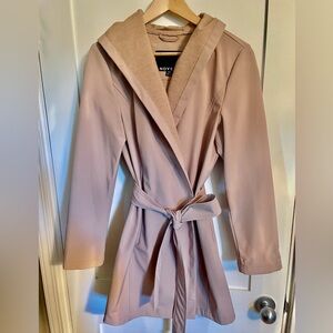 Women's Tan Hooded Soft Shell Short Belted Trench Coat
